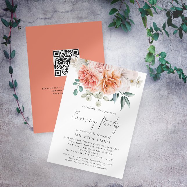 Peonies Peach Coral Qr Code Bröllop Evening Party Inbjudningar (Front and back view)