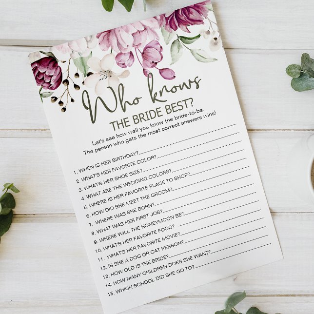 Peonies Pink Floral Game Who Knows Bride Best Flygblad (Skapare uppladdad)