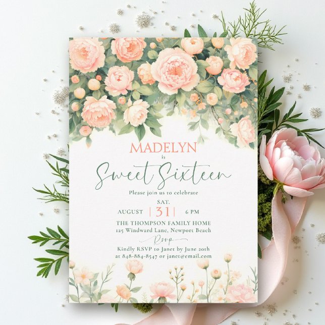 Peonies Pink Peach Script Elegant Floral Sweet 16 Inbjudningar (sweet sixteen birthday invitation peony floral peach pink green script elegant classy chic)