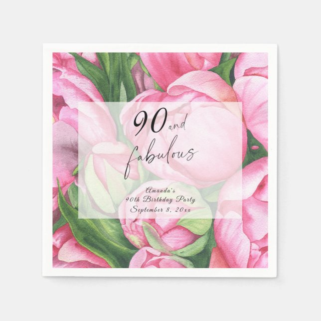 Peonies Ro Blommigt 90:e Födelsedagsfest Pappersservett (Framsidan)