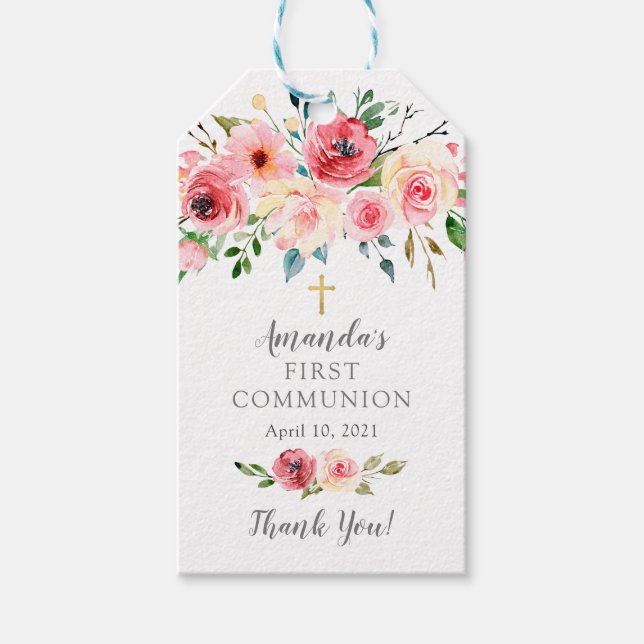 Peonies Ro Blommigt First Communion Favor Gift Mär Presentetikett (Framsidan)