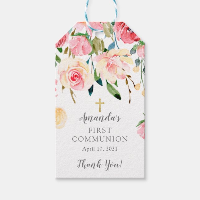 Peonies Ro Blommigt First Communion Favor Gift Mär Presentetikett (Framsidan)