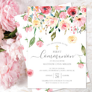 Peonies Ro Blommigt First Communion Inbjudningar