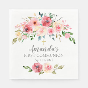 Peonies Ro Blommigt First Communion Pappersservett
