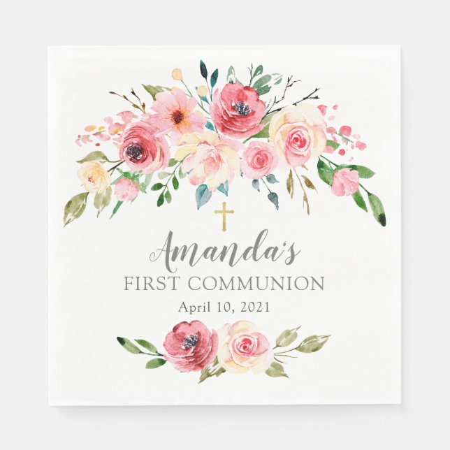 Peonies Ro Blommigt First Communion Pappersservett (Framsidan)