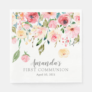 Peonies Ro Blommigt First Communion Pappersservett