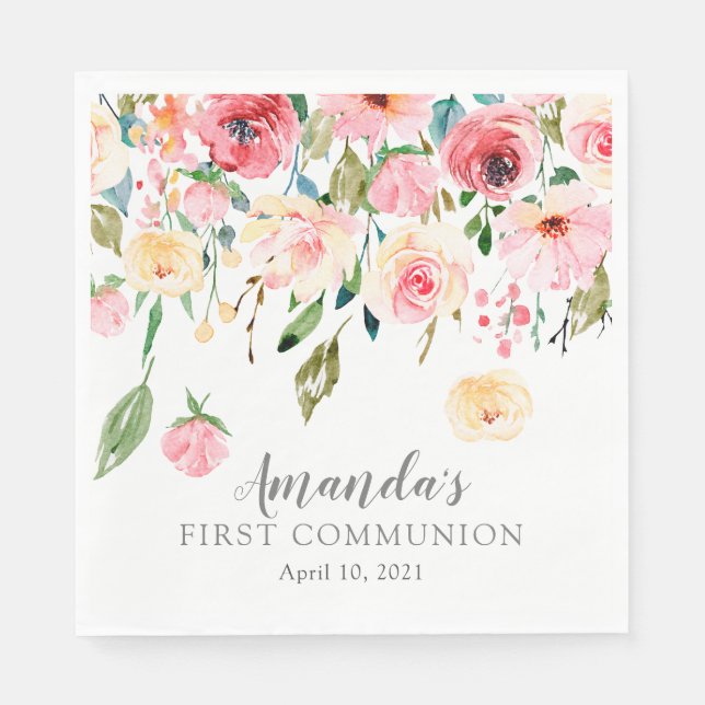 Peonies Ro Blommigt First Communion Pappersservett (Framsidan)