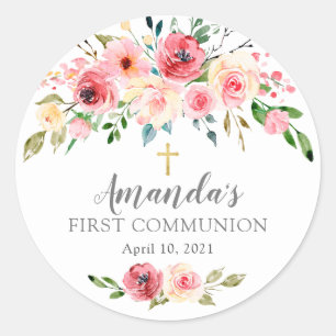 Peonies Ro Blommigt First Communion Sticker Runt Klistermärke
