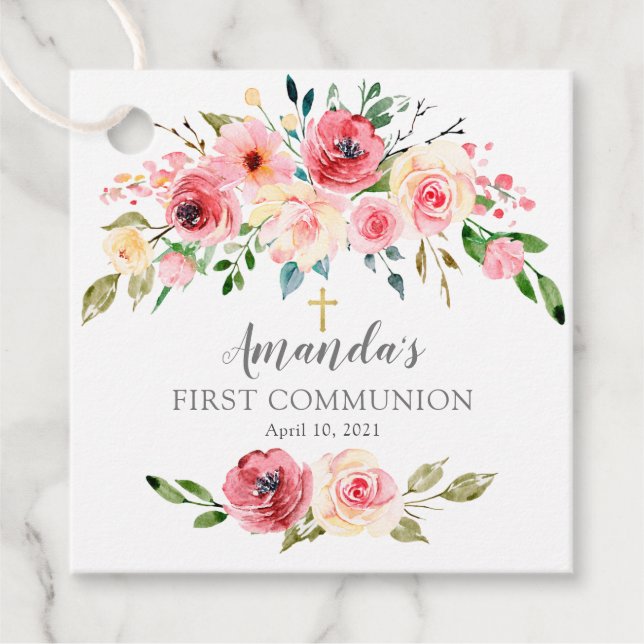 Peonies Ro Blommigt First Heliga Communion Gåvor Etiketter (Framsida)