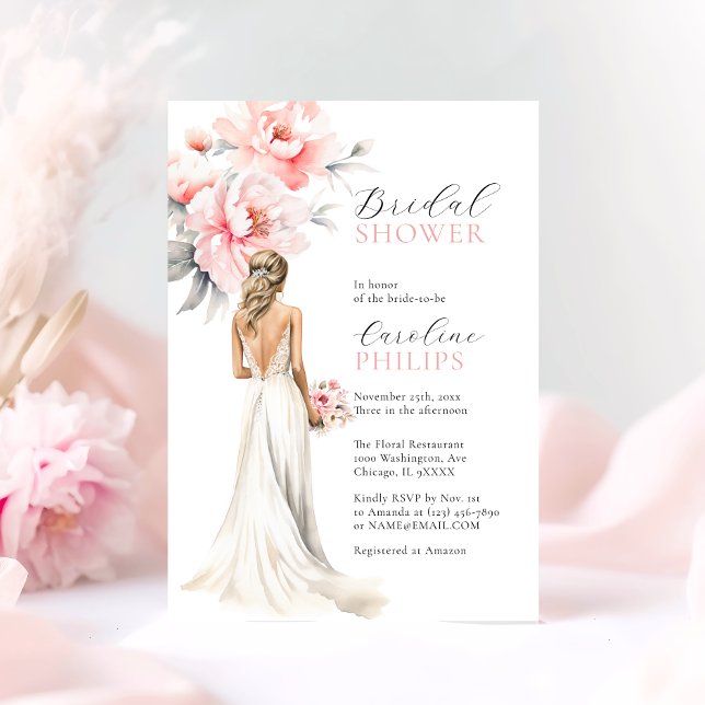 Peonies  Rosa Bride Dress MÖHIPPA Inbjudningar (Peonies Blush Pink Bride Dress BRIDAL SHOWER Invitation)