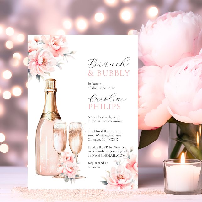 Peonies  Rosa Brunch & Bubly MÖHIPPA Inbjudningar (Peonies Blush Pink Brunch & Bubbly BRIDAL SHOWER Invitation)