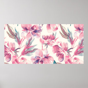 Peonies Seamless Mönster. Vattenfärgbakgrund. Poster