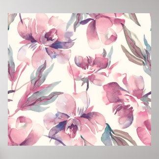 Peonies vattenfärg: Sömlös bakgrund för blommigt. Poster