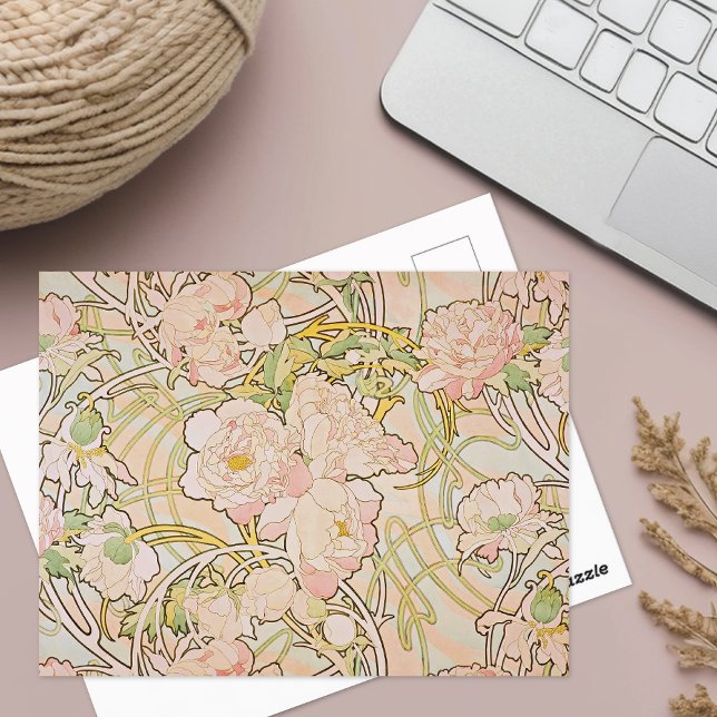 Peonies Watercolor Alphonse Mucha Vykort (Skapare uppladdad)