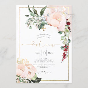 Peonies Watercolor Flowers Baptism Inbjudningar