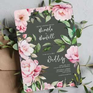 Peonies Watercolor Mörk grönt Bröllop Inbjudningar
