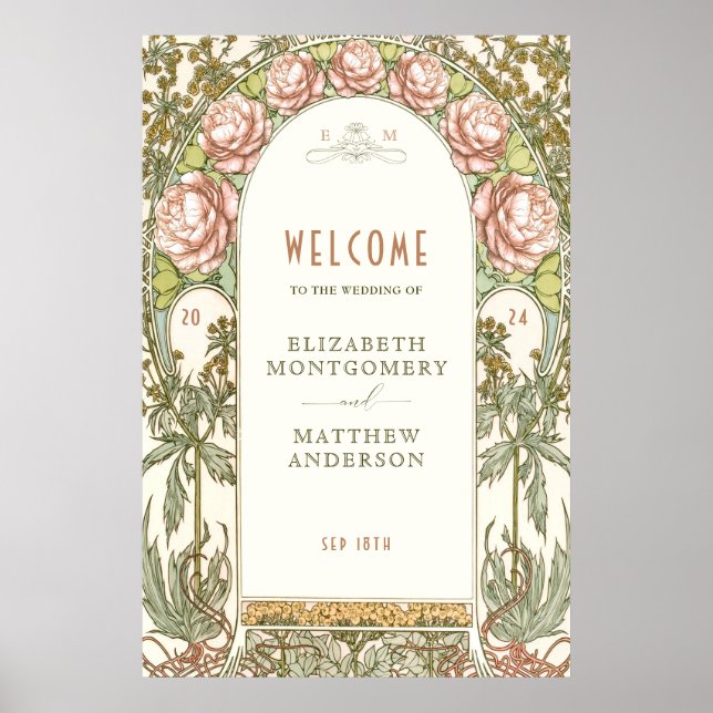 Peonies Welcome Sign Wedding Vintage Art Nouveau Poster (Framsidan)