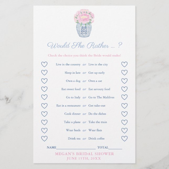 Peonies Would She Rather Bridal Shower Game Card (Framsida)