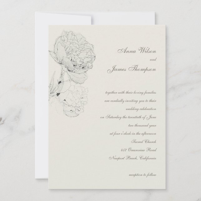 Peony Bläck Sketch Ecru Elegant Calligraphy Bröllo Inbjudningar (Framsida)