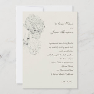 Peony Bläck Sketch Ecru Elegant Calligraphy Bröllo Inbjudningar