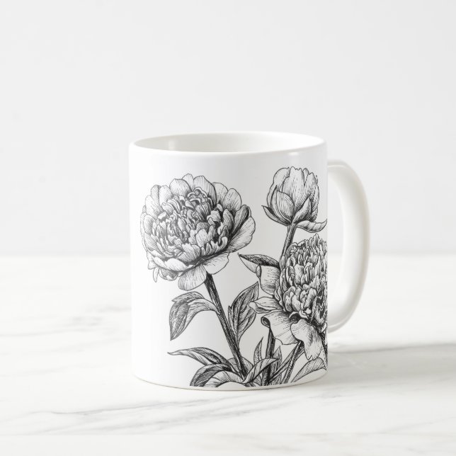 Peony bläck teckning kaffemugg (Framsida höger)