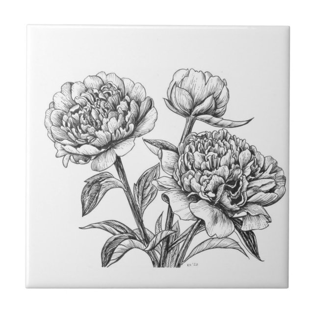 Peony bläck teckning kakelplatta (Framsidan)