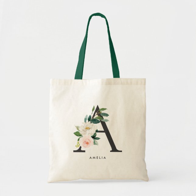 Peony Blommig Bokstav A Svart Monogram Brudtärna Tygkasse (Framsidan)
