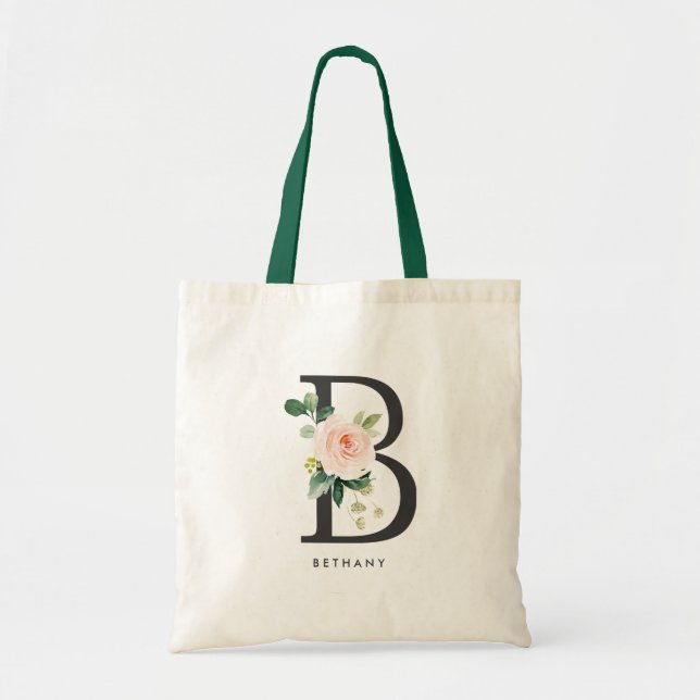 Peony Blommig Bokstav B Svart Monogram Brudtärna Tygkasse (Framsidan)