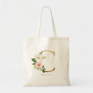 Peony Blommigt Brev C Guld Monogram Bridesmaid Tygkasse