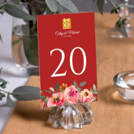 Peony blommigt dubbla lycka kinesiska bröllop red bordsnummer