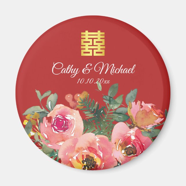 Peony blommigt dubbla lycka kinesiska bröllop red magnet (Framsidan)