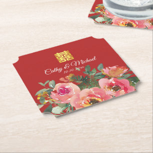 Peony blommigt dubbla lycka kinesiska bröllop red underlägg papper