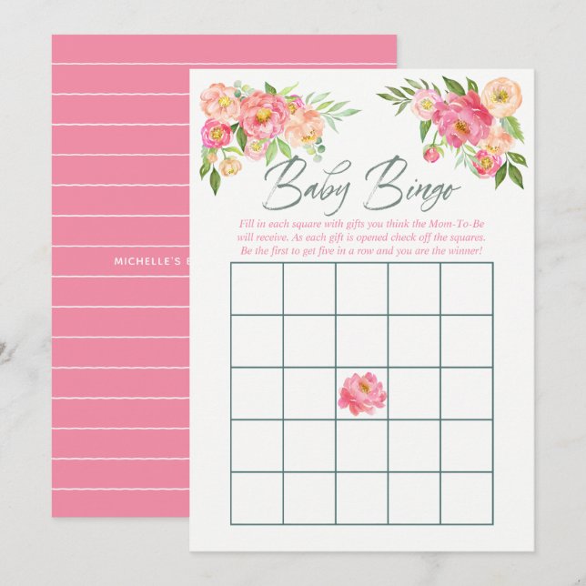 Peony-blommor Vår Baby Shower Baby Bingo Inbjudningar (Fram/baksida)