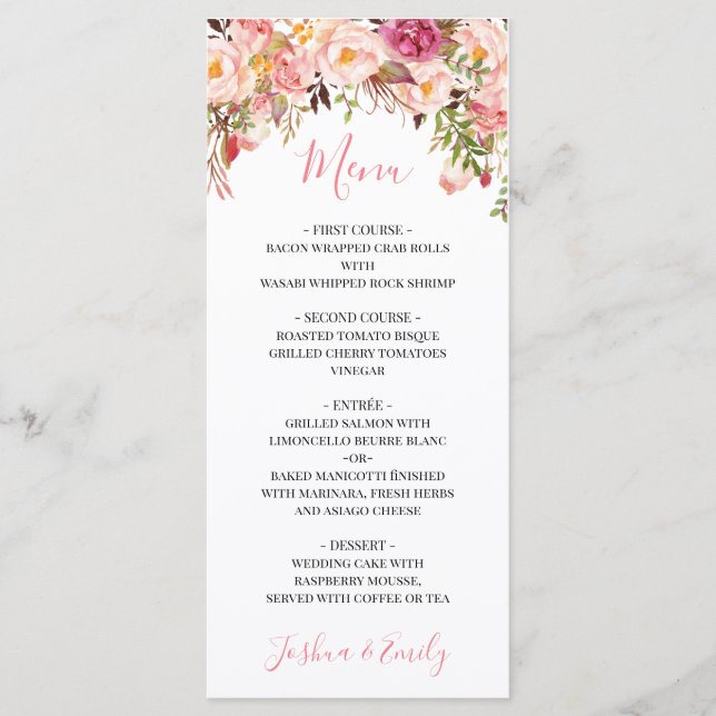 Peony Boho Rosa Blommigt Bröllop Menu Meny (Framsida)