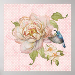 Peony Bouquet och Hummingbird Poster