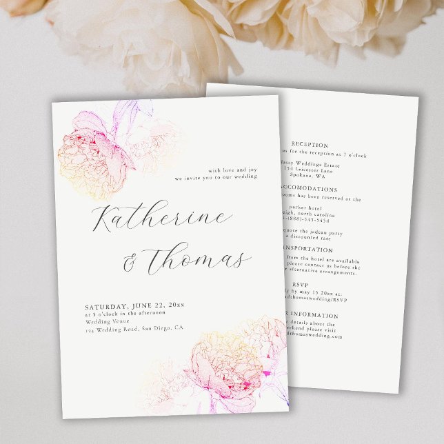 Peony Bröllop Rosa Rainbow Elegant Chic Alla i ett Inbjudningar (Skapare uppladdad)