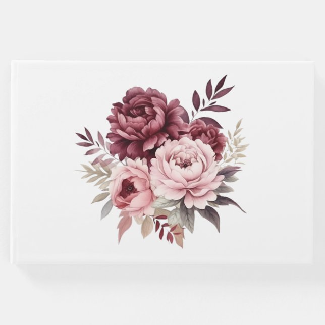 Peony Burgundy Rosa Watercolor Blommigt Bröllop Gästböcker (Framsida)