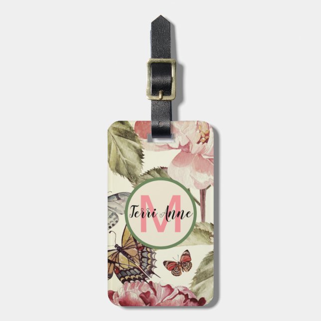 Peony & Butterflies med Monogram i en cirkel Bagagebricka (Vertikal Framsida)