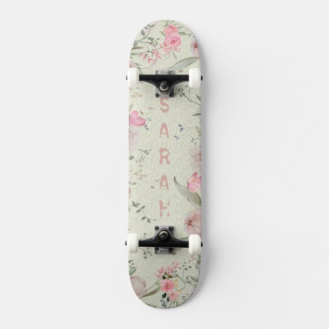 Peony & Butterflies Sage Aesthetic Mini Skateboard Bräda 18,5 Cm (Framsida)