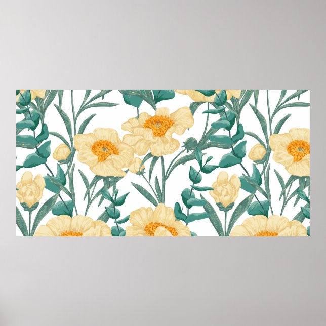 Peony Claire de Lune plants seamless pattern. Hand Poster (Framsidan)