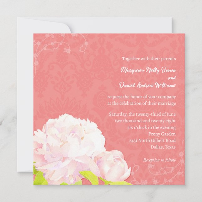  peony & Coral Damask Wedding Inbjudningar (Framsida)