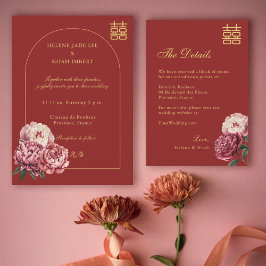 Peony Dubbla Happity China Red Bröllop Detail Inbjudningar