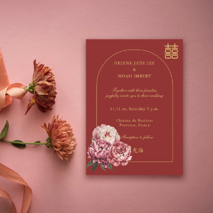 Peony Dubbla Happity Modern China Red Bröllop Inbjudningar