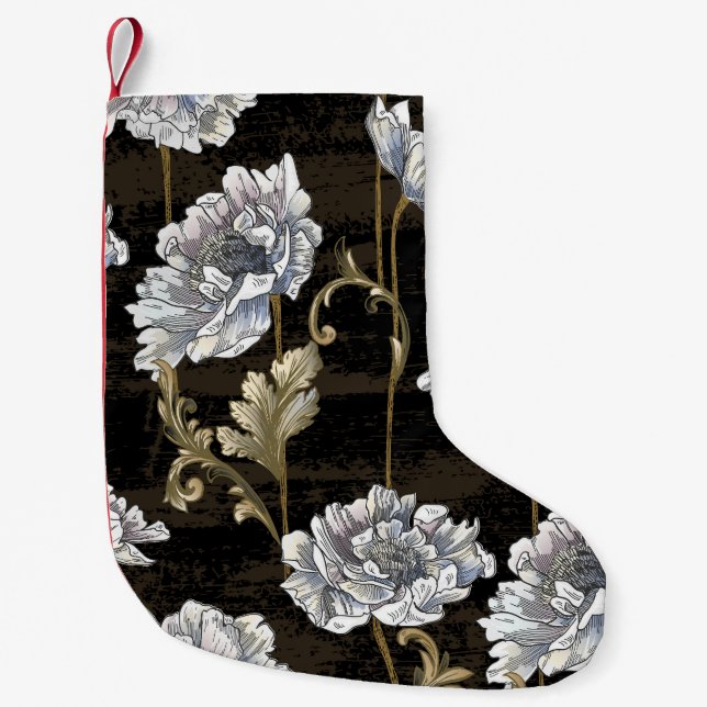 Peony Elegance: Baroque Guld Swirls Liten Julstrumpa (Framsidan)