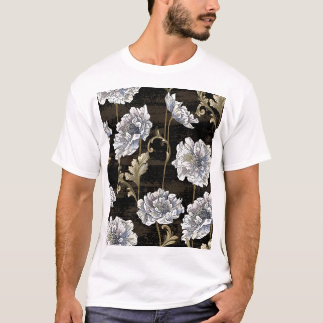 Peony Elegance: Baroque Guld Swirls T Shirt (Framsida)