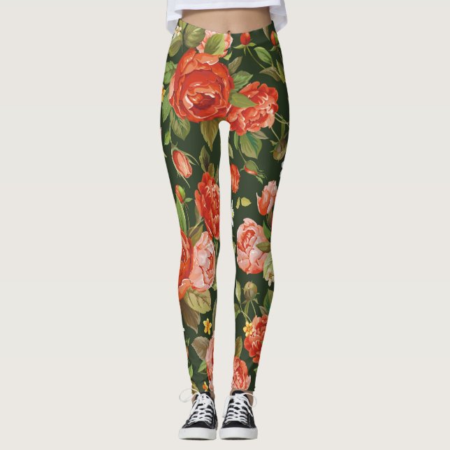 Peony Elegance: Graphic Blommigt Tapet. Leggings (Framsida)