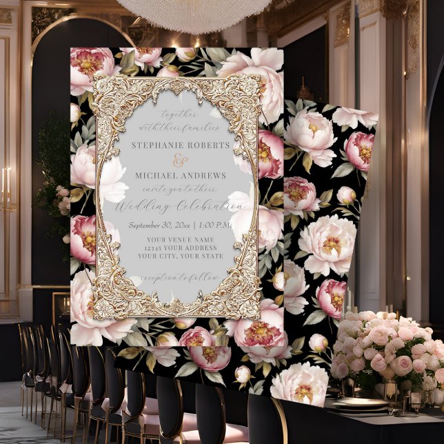 Peony Elegant Blommigt Guld w Rosa in Black Bröllo Inbjudningar (Skapare uppladdad)
