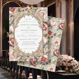 Peony Elegant Blommigt Guld w Rosa och Sage Bröllo Inbjudningar