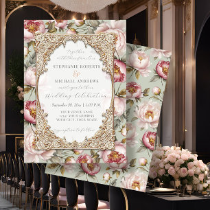 Peony Elegant Blommigt Guld w Rosa och Sage Bröllo Inbjudningar