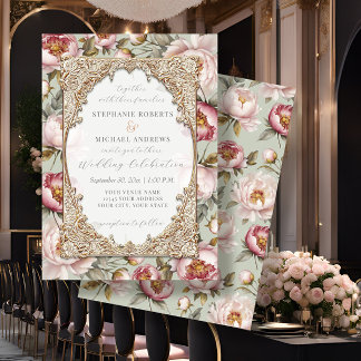 Peony Elegant Blommigt Guld w Rosa och Sage Bröllo Inbjudningar